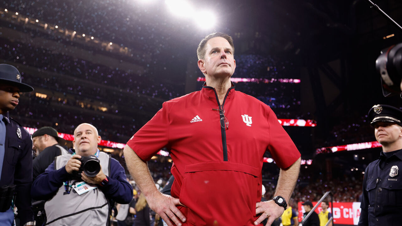 INDIANAPOLIS, INDIANA - DECEMBER 06: Head coach Curt Cignetti of the Indiana Hoosiers looks on after defeating the Ohio State Buckeyes 13-10 in the 2025 Big Ten Football Championship at Lucas Oil Stadium on December 06, 2025 in Indianapolis, Indiana.