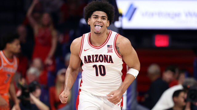 TUCSON, ARIZONA - DECEMBER 06: Koa Peat #10 of the Arizona Wildcats reacts after a basket during the second half against the Auburn Tigers at McKale Center on December 06, 2025 in Tucson, Arizona.