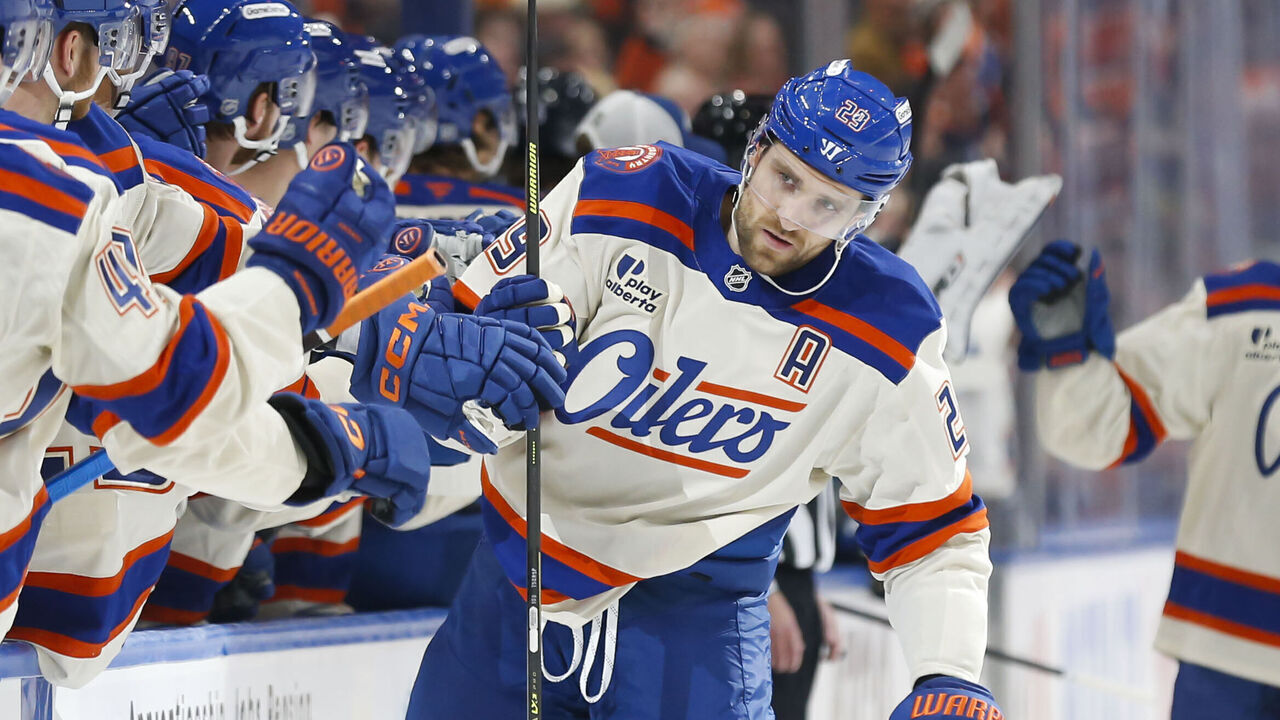 EDMONTON, CANADA - DECEMBER 6: Leon Draisaitl #29 of the Edmonton Oilers celebrates a goal against the Winnipeg Jets during the first period at Rogers Place on December 6, 2025 in Edmonton, Canada.