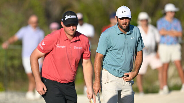 NASSAU, BAHAMAS - DECEMBER 06: Scottie Scheffler and Sepp Straka of Austria play the 16th green during the third round of the Hero World Challenge at Albany Golf Course on December 6, 2025 in Naussau, New Providence.