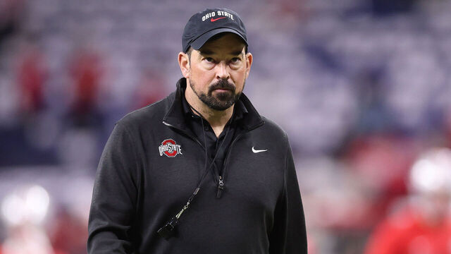 INDIANAPOLIS, INDIANA - DECEMBER 06: Head coach Ryan Day of the Ohio State Buckeyes looks on during warmups before the 2025 Big Ten Football Championship against the Indiana Hoosiers at Lucas Oil Stadium on December 06, 2025 in Indianapolis, Indiana.
