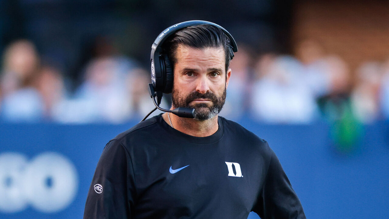 CHAPEL HILL, NORTH CAROLINA - NOVEMBER 22: Manny Diaz of the Duke Blue Devils looks on during first half of the game against the North Carolina Tar Heels at Kenan Memorial Stadium on November 22, 2025 in Chapel Hill, North Carolina.