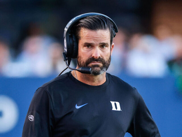 CHAPEL HILL, NORTH CAROLINA - NOVEMBER 22: Manny Diaz of the Duke Blue Devils looks on during first half of the game against the North Carolina Tar Heels at Kenan Memorial Stadium on November 22, 2025 in Chapel Hill, North Carolina.