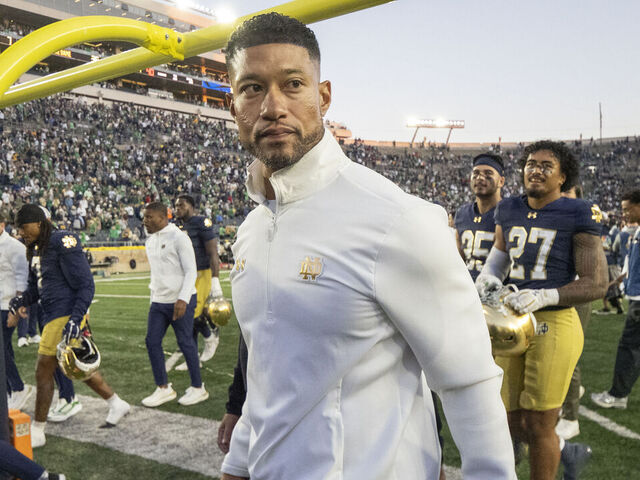 SOUTH BEND, IN - OCTOBER 11: Notre Dame Fighting Irish head coach Marcus Freeman exits the field after the game between NC State Wolfpack and Notre Dame Fighting Irish on October 11, 2025 at Notre Dame Stadium in South Bend, IN.