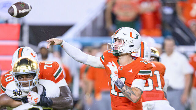 MIAMI GARDENS, FL - AUGUST 31: Miami Hurricanes quarterback Carson Beck (11) throws the ball during the college football game against the Notre Dame Fighting Irish on August 31, 2025 at the Hard Rock Stadium in Miami Gardens, FL.