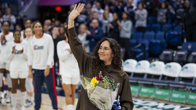 STORRS, CONNECTICUT - DECEMBER 07: Former Connecticut Husky Sue Bird has her jersey number retired before an NCAA women’s basketball game against the DePaul Blue Demons at Harry A. Gampel Pavilion on December 07, 2025 in Storrs, Connecticut.