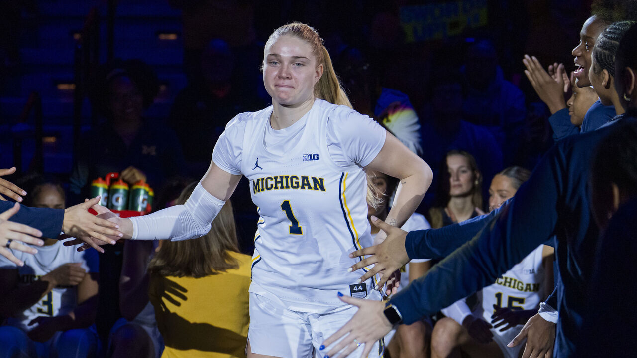 UNCASVILLE, CONNECTICUT - NOVEMBER 23: Olivia Olson #1 of the Michigan Wolverines is introduced before an Invesco QQQ Basketball Hall of Fame Women’s Showcase game against the Syracuse Orange at Mohegan Sun on November 23, 2025 in Uncasville, Connecticut.