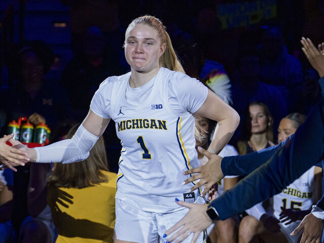 UNCASVILLE, CONNECTICUT - NOVEMBER 23: Olivia Olson #1 of the Michigan Wolverines is introduced before an Invesco QQQ Basketball Hall of Fame Women’s Showcase game against the Syracuse Orange at Mohegan Sun on November 23, 2025 in Uncasville, Connecticut.