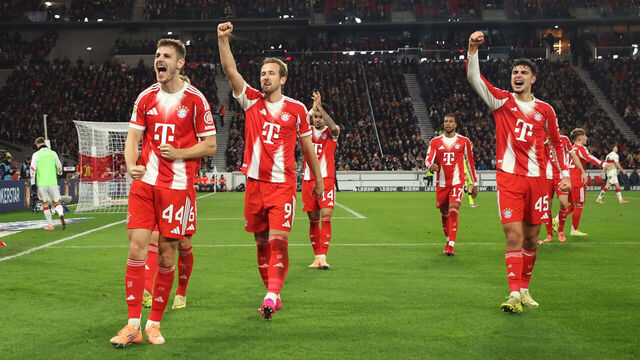 STUTTGART, GERMANY - DECEMBER 06: Josip Stanisic of Bayern Muenchen celebrates the team's third goal during the Bundesliga match between VfB Stuttgart and FC Bayern München at MHPArena on December 06, 2025 in Stuttgart, Germany.