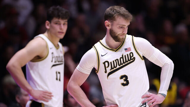 WEST LAFAYETTE, INDIANA - DECEMBER 06: Braden Smith #3 of the Purdue Boilermakers reacts against the Iowa State Cyclones during the second half at Mackey Arena on December 06, 2025 in West Lafayette, Indiana.