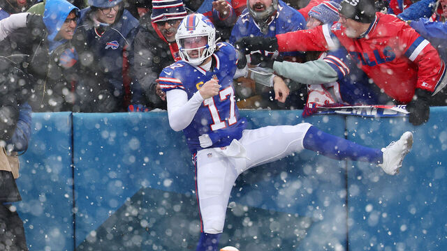 ORCHARD PARK, NEW YORK - DECEMBER 07: Josh Allen #17 of the Buffalo Bills celebrates a 40-yard rushing touchdown against the Cincinnati Bengals during the fourth quarter at Highmark Stadium on December 07, 2025 in Orchard Park, New York.