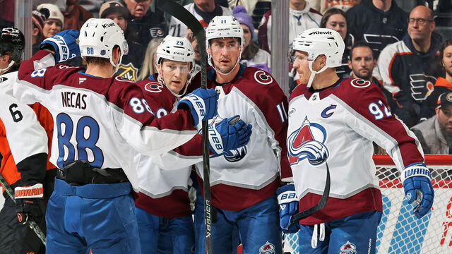 PHILADELPHIA, PENNSYLVANIA - DECEMBER 07: Brock Nelson #11 of the Colorado Avalanche celebrates his first period power-play goal against the Philadelphia Flyers with Martin Necas #88, Nathan MacKinnon #29, and Gabriel Landeskog #92 at the Xfinity Mobile Arena on December 7, 2025 in Philadelphia, Pennsylvania.