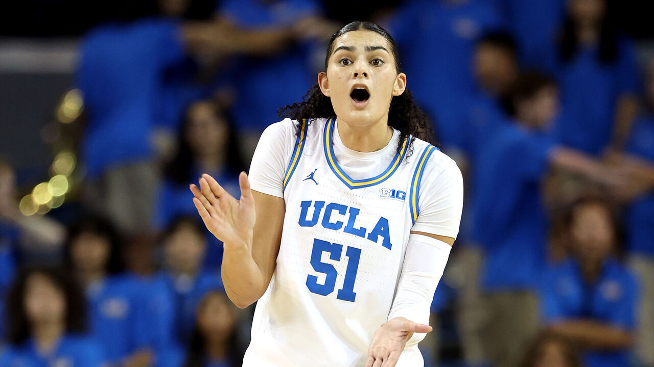 LOS ANGELES, CALIFORNIA - DECEMBER 07: Lauren Betts #51 of the UCLA Bruins reacts against the Oregon Ducks during the third quarter at UCLA Pauley Pavilion on December 07, 2025 in Los Angeles, California.