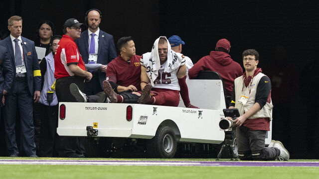 MINNEAPOLIS, MINNESOTA - DECEMBER 7: Zach Ertz #86 of the Washington Commanders reacts as he's carted off the field with an apparent injury during an NFL football game against the Minnesota Vikings at U.S. Bank Stadium on December 07, 2025 in Minneapolis, Minnesota.
