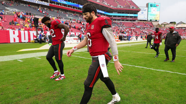 TAMPA, FLORIDA - DECEMBER 07: Baker Mayfield #6 of the Tampa Bay Buccaneers walks off the field after the game against the New Orleans Saints at Raymond James Stadium on December 07, 2025 in Tampa, Florida.