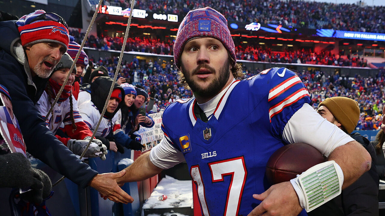 ORCHARD PARK, NEW YORK - DECEMBER 07: Josh Allen #17 of the Buffalo Bills celebrates after defeating the Cincinnati Bengals at Highmark Stadium on December 07, 2025 in Orchard Park, New York.