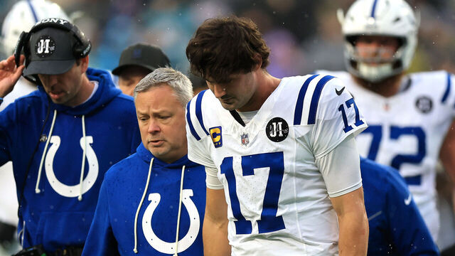 JACKSONVILLE, FLORIDA - DECEMBER 07: Daniel Jones #17 of the Indianapolis Colts walks off the field after an injury against the Jacksonville Jaguars during the first quarter at EverBank Stadium on December 07, 2025 in Jacksonville, Florida.