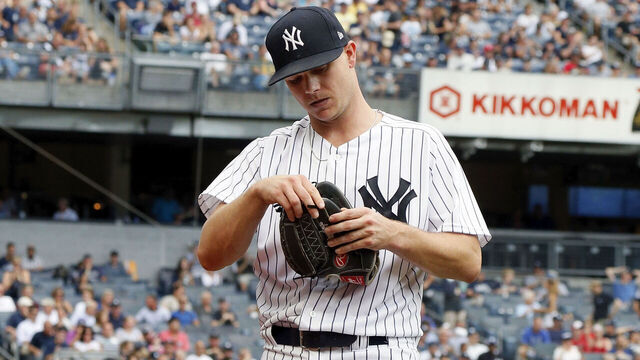 NEW YORK, NY - AUGUST 1: Pitcher Sonny Gray #55 of the New York Yankees reacts in an MLB baseball game against the Baltimore Orioles on August 1, 2018 at Yankee Stadium in the Bronx borough of New York City. Orioles won 7-5.