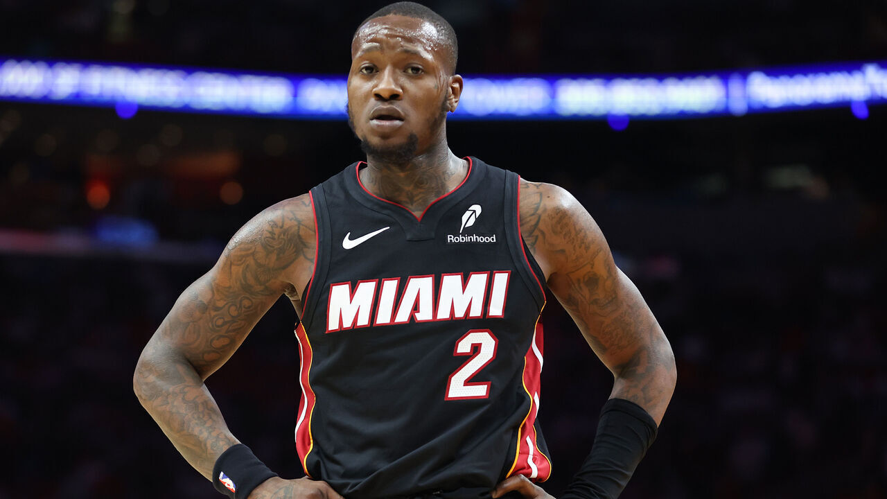 MIAMI, FLORIDA - MARCH 02: Terry Rozier #2 of the Miami Heat looks on against the New York Knicks during the second quarter of the game at Kaseya Center on March 02, 2025 in Miami, Florida.