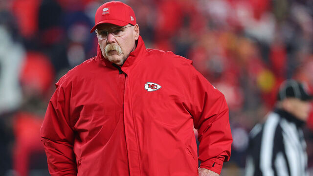 KANSAS CITY, MISSOURI - DECEMBER 07: Head coach Andy Reid of the Kansas City Chiefs looks on before the game against the Houston Texans at Arrowhead Stadium on December 07, 2025 in Kansas City, Missouri.