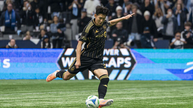 VANCOUVER, CANADA - NOVEMBER 22: Son Heung-Min #7 of Los Angeles FC takes a penalty kick during the conference semifinal of the 2025 MLS Cup Playoffs against Vancouver Whitecaps FC at BC Place on November 22, 2025 in Vancouver, Canada.
