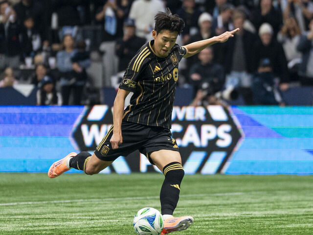 VANCOUVER, CANADA - NOVEMBER 22: Son Heung-Min #7 of Los Angeles FC takes a penalty kick during the conference semifinal of the 2025 MLS Cup Playoffs against Vancouver Whitecaps FC at BC Place on November 22, 2025 in Vancouver, Canada.