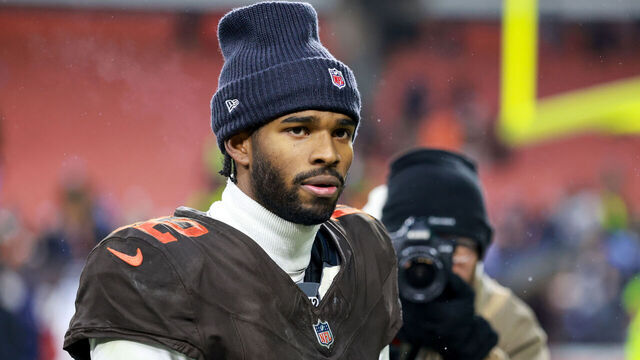 CLEVELAND, OH - DECEMBER 07: Cleveland Browns quarterback Shedeur Sanders (12) leaves the field following the National Football League game between the Tennessee Titans and Cleveland Browns on December 7, 2025, at Huntington Bank Field in Cleveland, OH.