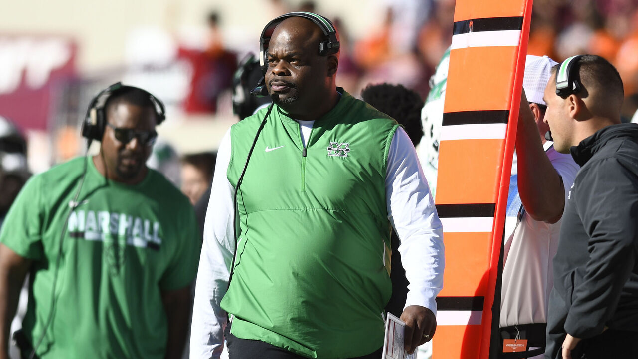 BLACKSBURG, VA - SEPTEMBER 07: Marshall Thundering Herd head coach Charles Huff during a college football game between the Marshall Thundering Herd and the Virginia Tech Hokies on September 07, 2024 at Lane Stadium in Blacksburg, VA.