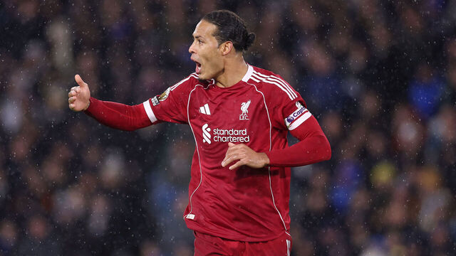 LEEDS, ENGLAND - DECEMBER 06: Virgil van Dijk of Liverpool reacts during the Premier League match between Leeds United and Liverpool at Elland Road on December 06, 2025 in Leeds, England.