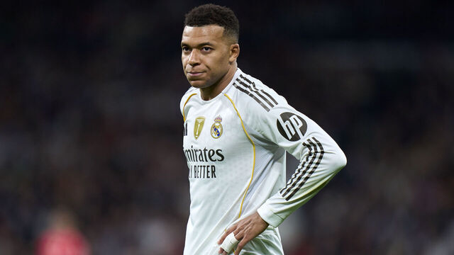 MADRID, SPAIN - DECEMBER 07: Kylian Mbappe of Real Madrid CF looks on during the LaLiga EA Sports match between Real Madrid CF and RC Celta de Vigo at Estadio Santiago Bernabeu on December 07, 2025 in Madrid, Spain.