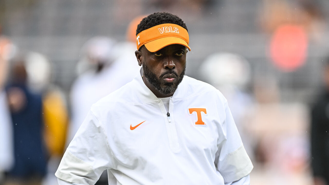 KNOXVILLE, TN - SEPTEMBER 06: Tennessee Volunteers defensive coordinator Tim Banks watches warm-ups before the college football game between the Tennessee Volunteers and the East Tennessee State Buccaneers on September 6, 2025, at Neyland Stadium in Knoxville, TN.