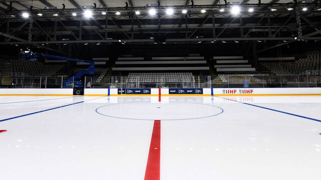 MILAN, ITALY - DECEMBER 05: A view of the hockey rink during the press preview of the new hockey rink for the Milan Cortina Olympics at the Rho Fiera exhibition center at on December 05, 2025 in Milan, Italy.