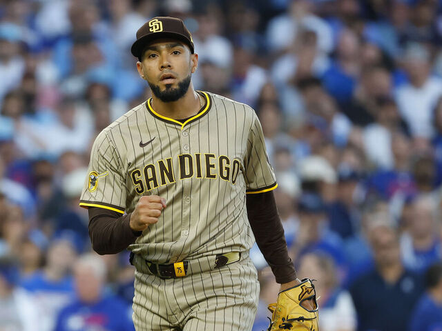 Chicago, Illinois - October 2, 2025: Robert Suarez #75 of the San Diego Padres gets out of the sixth inning against the Chicago Cubs during Game 3 of the NL Wild Card Series at Wrigley Field on October 2, 2025 in Chicago, Illinois.