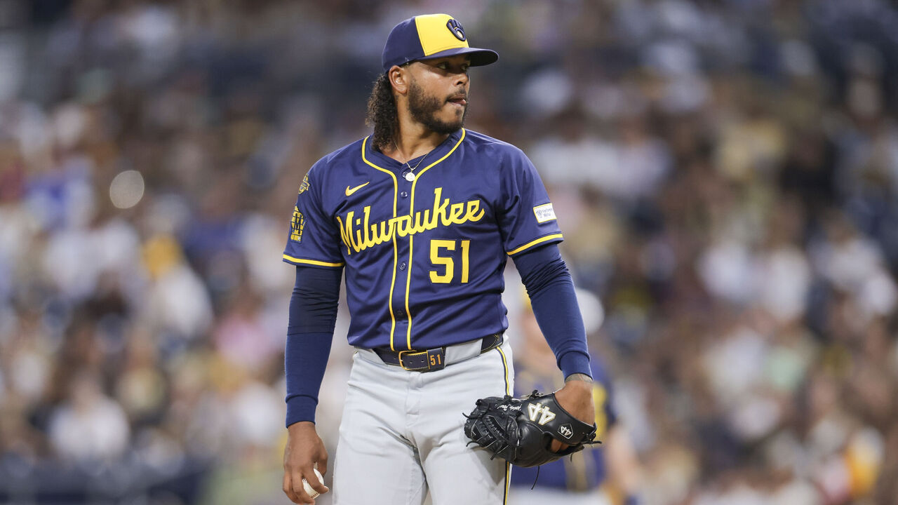 SAN DIEGO, CA - SEPTEMBER 22: Freddy Peralta #51 of the Milwaukee Brewers pitches during the game between the Milwaukee Brewers and the San Diego Padres at Petco Park on Monday, September 22, 2025 in San Diego, California.