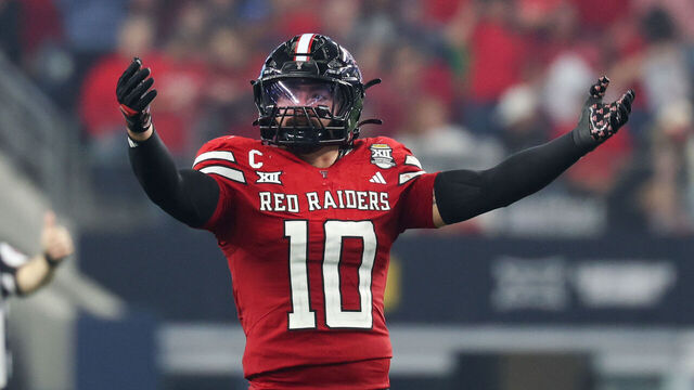 ARLINGTON, TX - DECEMBER 06: Linebacker Jacob Rodriguez #10 of the Texas Tech Red Raiders holds his arms up to the crowd during the Edward Jones Big 12 Championship game between the Texas Tech Red Raiders and BYU Cougars on December 6, 2025, at AT&T Stadium in Arlington, Texas.