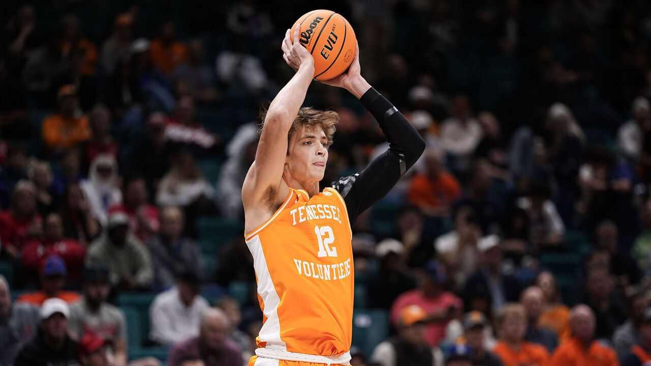 LAS VEGAS, NEVADA - NOVEMBER 25: Cade Phillips #12 of the Tennessee Volunteers looks to pass the ball against the Houston Cougars in the first half during the Players Era Championship basketball tournament at MGM Grand Garden Arena on November 25, 2025 in Las Vegas, Nevada.