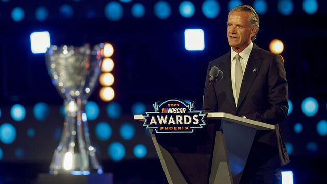 PHOENIX, ARIZONA - NOVEMBER 04: NASCAR Commissioner Steve Phelps speaks onstage during the 2025 NASCAR Awards Show at JW Marriott Desert Ridge Resort & Spa on November 04, 2025 in Phoenix, Arizona.