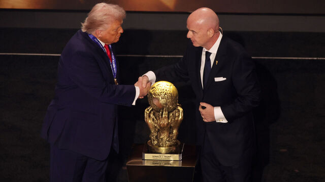 US President Donald Trump is presented with the inaugural FIFA Peace Prize award by FIFA President Gianni Infantino during the 2026 FIFA World Cup draw at the John F. Kennedy Center for the Performing Arts, Washington, United States. Picture date: Friday December 5, 2025.