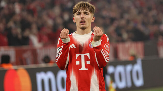Bayern Munich's German midfielder #42 Lennart Karl celebrates scoring his team's second goal 2:1 during the UEFA Champions League, league phase - day 6 football match between Bayern Munich and Sporting CP in Munich, southern Germany, on December 9, 2025.