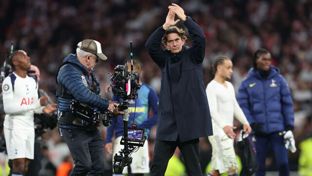 LONDON, ENGLAND - DECEMBER 09: Thomas Frank, Manager of Tottenham Hotspur, applauds the fans following the team's victory during the UEFA Champions League 2025/26 League Phase MD6 match between Tottenham Hotspur and SK Slavia Praha at Tottenham Hotspur Stadium on December 09, 2025 in London, England.