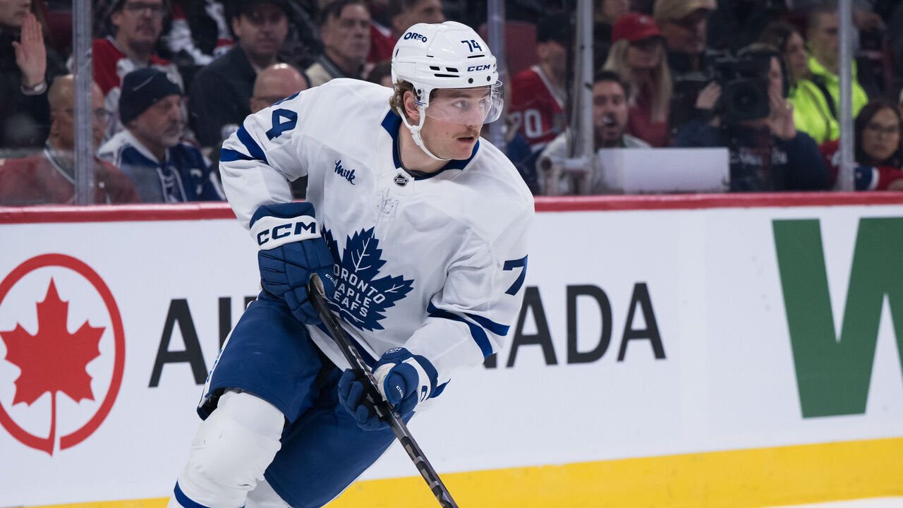 MONTREAL, QC - NOVEMBER 22: Bobby McMann (74) of the Toronto Maple Leafs skates with the puck during the first period of the NHL game between the Toronto Maple Leafs and the Montreal Canadiens on Nov 22, 2025, at the Bell Centre in Montreal, QC