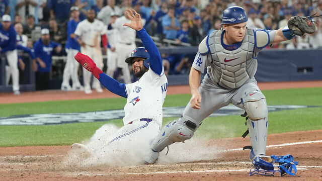 Baseball: World Series: Toronto Blue Jays Isiah Kiner-Falefa (7) in action, slides into home plate vs Los Angeles Dodgers at Rogers Centre. Game 7. Toronto, Canada 11/1/2025CREDIT: Erick W. Rasco
