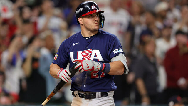 MIAMI, FLORIDA - MARCH 21: Mike Trout #27 of Team USA prepares to bat against Shohei Ohtani #16 of Team Japan in the ninth inning of the World Baseball Classic Championship at loanDepot park on March 21, 2023 in Miami, Florida.