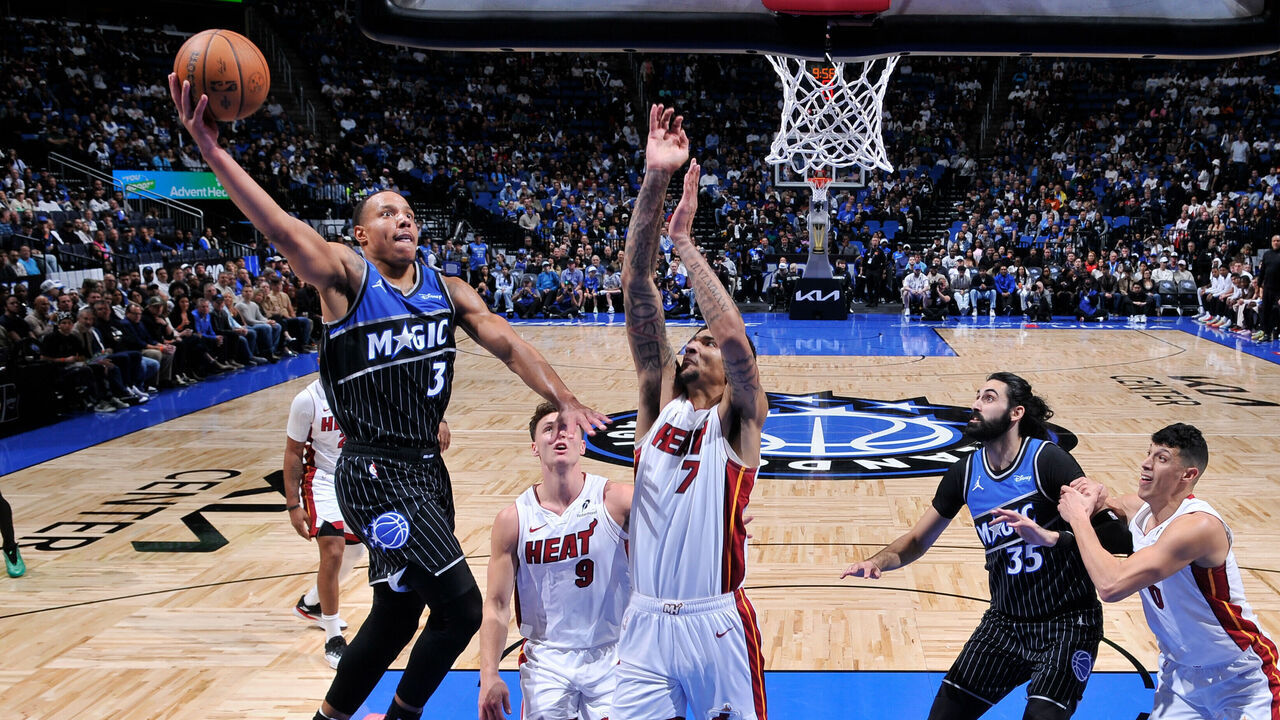 ORLANDO, FL - DECEMBER 9: Desmond Bane #3 of the Orlando Magic drives to the basket during the game against the Miami Heat during the Emirates NBA Cup Quarterfinals on December 9, 2025 at Kia Center in Orlando, Florida. Mandatory Copyright Notice: Copyright 2025 NBAE