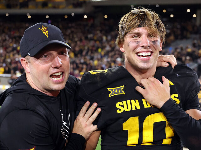 TEMPE, ARIZONA - SEPTEMBER 26: Head coach Kenny Dillingham celebrates with quarterback Sam Leavitt #10 of the Arizona State Sun Devils after defeating the TCU Horned Frogs 27-24 at Mountain America Stadium on September 26, 2025 in Tempe, Arizona.