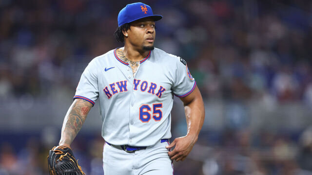 MIAMI, FLORIDA - SEPTEMBER 26: Gregory Soto #65 of the New York Mets walks off the field during the fifth inning against the Miami Marlins at loanDepot park on September 26, 2025 in Miami, Florida.