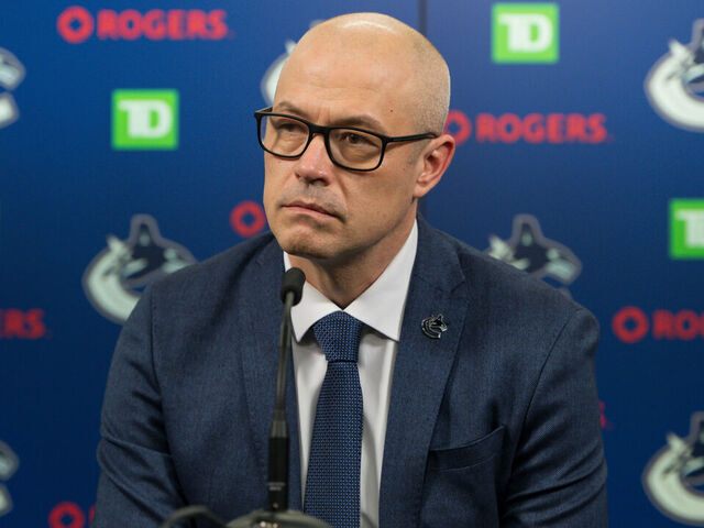 VANCOUVER, BC - MARCH 20: Vancouver Canucks general manager Patrik Allvin speaks to the press prior to their NHL game against the Buffalo Sabres at Rogers Arena on March 20, 2022 in Vancouver, British Columbia, Canada.