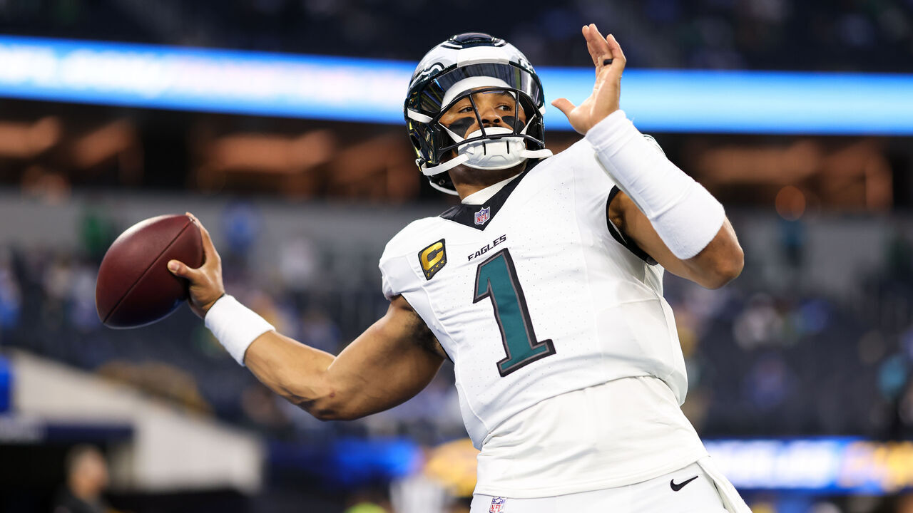 INGLEWOOD, CALIFORNIA - DECEMBER 8: Jalen Hurts #1 of the Philadelphia Eagles warms up prior to the game against the Los Angeles Chargers at SoFi Stadium on December 8, 2025 in Inglewood, California.