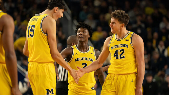 ANN ARBOR, MICHIGAN - DECEMBER 9: Aday Mara #15, L.J. Cason #2 and Will Tschetter #42 of the Michigan Wolverines celebrate a first half play against the Villanova Wildcats at Crisler Arena on December 9, 2025 in Ann Arbor, Michigan.