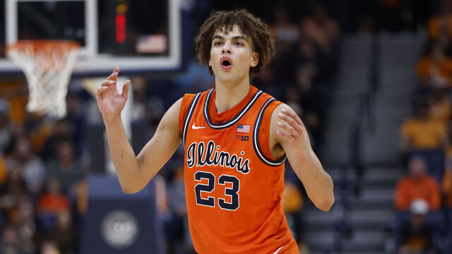 NASHVILLE, TENNESSEE - DECEMBER 06: Keaton Wagler #23 of the Illinois Fighting Illini looks on during the second half of the Music City Madness game against the Tennessee Volunteers at Bridgestone Arena on December 06, 2025 in Nashville, Tennessee.